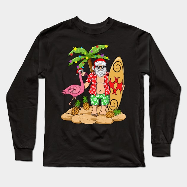 Santa with Pink Flamingo and Pineapples Christmas Long Sleeve T-Shirt by silentsoularts